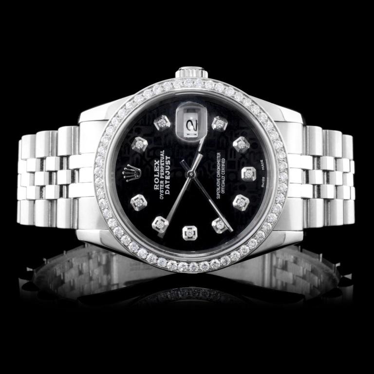 Rolex SS DateJust Diamond 36MM Wristwatch: Estimated Retail Replacement Value: $22,000.00Ref: WAG16000Item No.: ARXE011Specification:Model: DateJust Oyster PerpetualMovement: Perpetual, Self WindingFunction: Instantaneous DateCase Size: 36mmCa