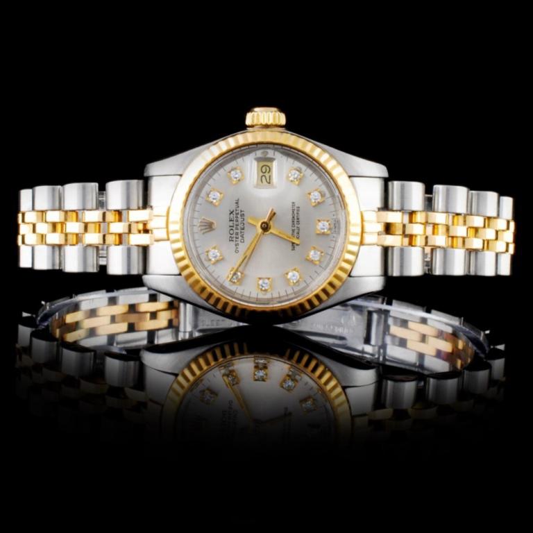 Rolex YG/SS DateJust Ladies Diamond Wristwatch: Estimated Retail Replacement Value: $10,800.00Ref: WAG11400Item No.: ARXE002Specification:Model: DateJust Oyster PerpetualMovement: Perpetual, Self WindingFunction: Instantaneous DateCase Size: 26mmCa