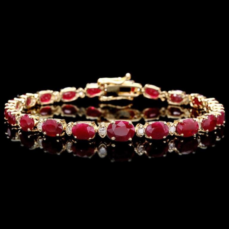 `14k Gold 15.00ct Ruby & 0.50ct Diamond Bracelet: Estimated Retail Replacement Value: $16,500.00 Ref: WAG7200 Item No.: ARA-CRA080 Metal: 14k Solid Yellow Gold Size: 7.5 Total Item Weight: 10.00 grams Country Made: USA Main Stone: Ruby Color: Red Car
