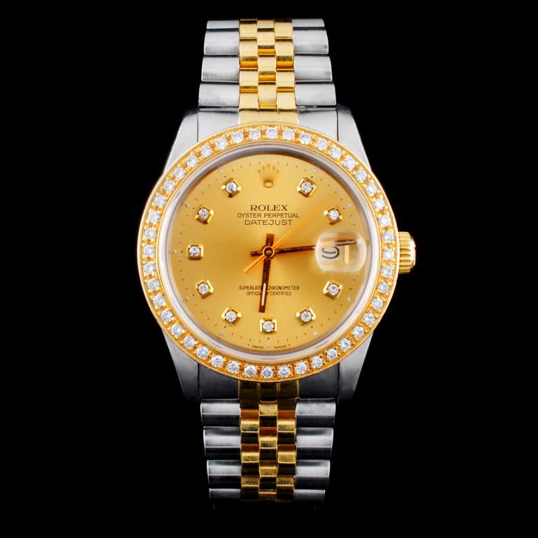 Rolex DateJust YG/SS Diamond 36mm Watch: Estimated Retail Replacement Value: $22,500.00Ref: WAG18000Item No.: ARXG016Specification:Model: DateJust Oyster PerpetualMovement: Perpetual, Self WindingFunction: Instantaneous DateCase Size: 36mmCa