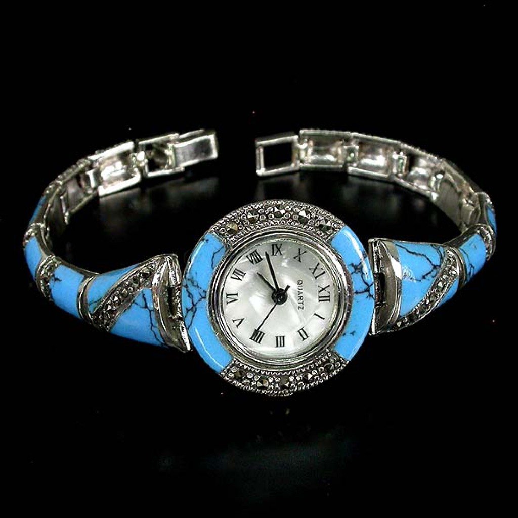 NATURAL BLUE TURQUOISE, MARCASITE & DIAL MOP. STERLI: NATURAL BLUE TURQUOISE, MARCASITE & DIAL MOP. STERLING 925 SILVER WATCH PRODUCT CODE : WT12111239 PRODUCT NAME : BLUE TURQUOISE, MARCASITE & DIAL MOTHER OF PEARL (NATURAL) 925 SILVER WATCH UNIT OF ITE