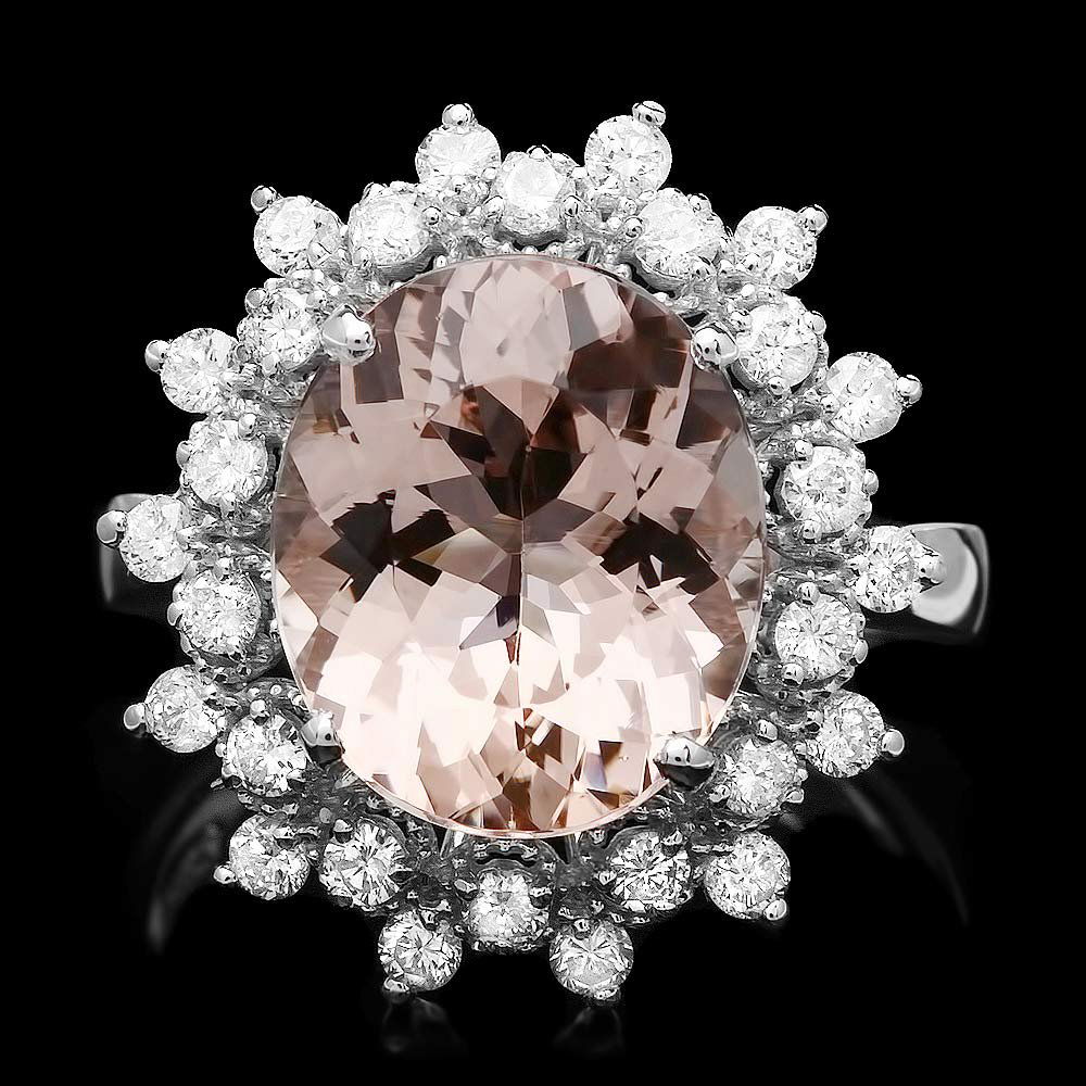 14k Gold 5ct Morganite 0.70ct Diamond Ring: This lovely ladies ring is crafted in solid 14k White Gold and features a 5.09 carat 100% Natural Morganite mined from Brazil + accented with 28 sparkling eye-clean natural diamonds, totaling 0.74 car