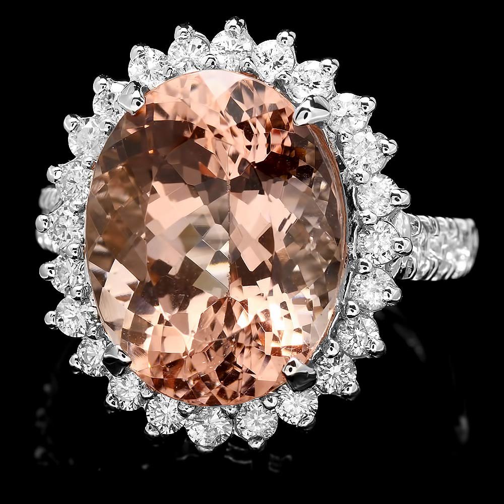 14k Gold 9.50ct Morganite 1.20ct Diamond Ring: 14k Gold 9.50ct Morganite 1.20ct Diamond Ring ****** Metal: 14k Solid White Gold / Size: 6.75 / Total Item Weight: 8.5 grams / Country Made: USA / / Main Stone: Morganite / Color: Brown / Carat Total 