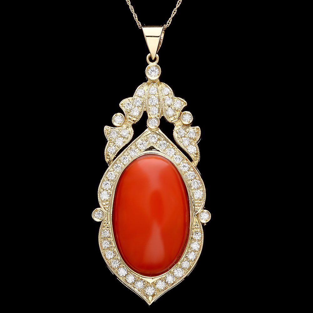 14k Gold 23.00ct Coral 1.85ct Diamond Pendant: 14k Gold 23.00ct Coral 1.85ct Diamond Pendant ****** Metal: 14k Solid Yellow Gold / Total Item Weight: 18.5 grams / / Main Stone: Coral / Color: Orange / Carat Total Weight: 23.00 / Treatment: None /