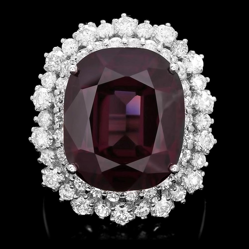 14k White Gold 14.50ct Spinel 2.15ct Diamond Ring: 14k White Gold 14.50ct Spinel 2.15ct Diamond Ring ****** Metal: 14k Solid White Gold / Total Item Weight: 10.5 grams / / Main Stone: Spinel / Color: Purple / Carat Total Weight: 14.50 / Treatment: Non