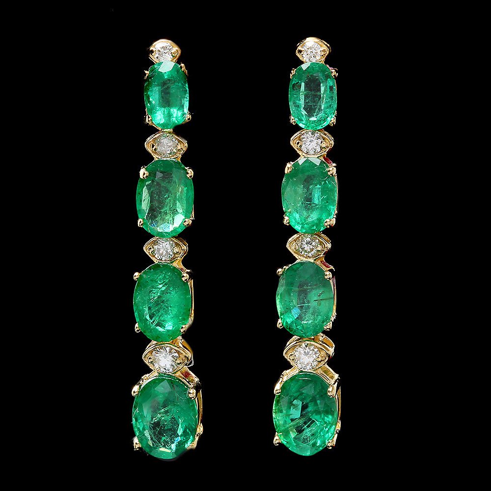 14k Gold 6.5ct Emerald .35ct Diamond Earrings: These lovely ladies earrings is crafted in solid 14k Yellow Gold and features 8 (6.50 ctw) 100% Natural Emeralds mined from Colombia + accented with 8 sparkling eye-clean natural Diamonds, totaling 0.