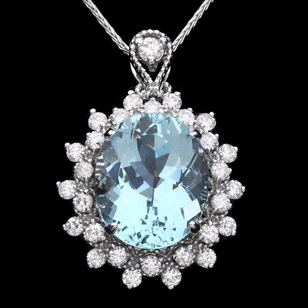 14k Gold 5.50ct Aquamarine 0.80ct Diamond Pendant: 14k Gold 5.50ct Aquamarine 0.80ct Diamond Pendant ****** Metal: 14k Solid White Gold / Size: 16 / Total Item Weight: 5.0 grams / Country Made: USA / / Main Stone: Aquamarine / Color: Aqua / Carat Tota