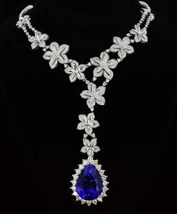 18K Gold, 21.01CT Tanzanite & 8.80CT Diamond Necklace: 18K Gold, 21.01CT Pear Shaped Tanzanite & 8.80CT Round Brilliant Cut Diamond, Clarity: VS1- SI1, Color: E-I A54400