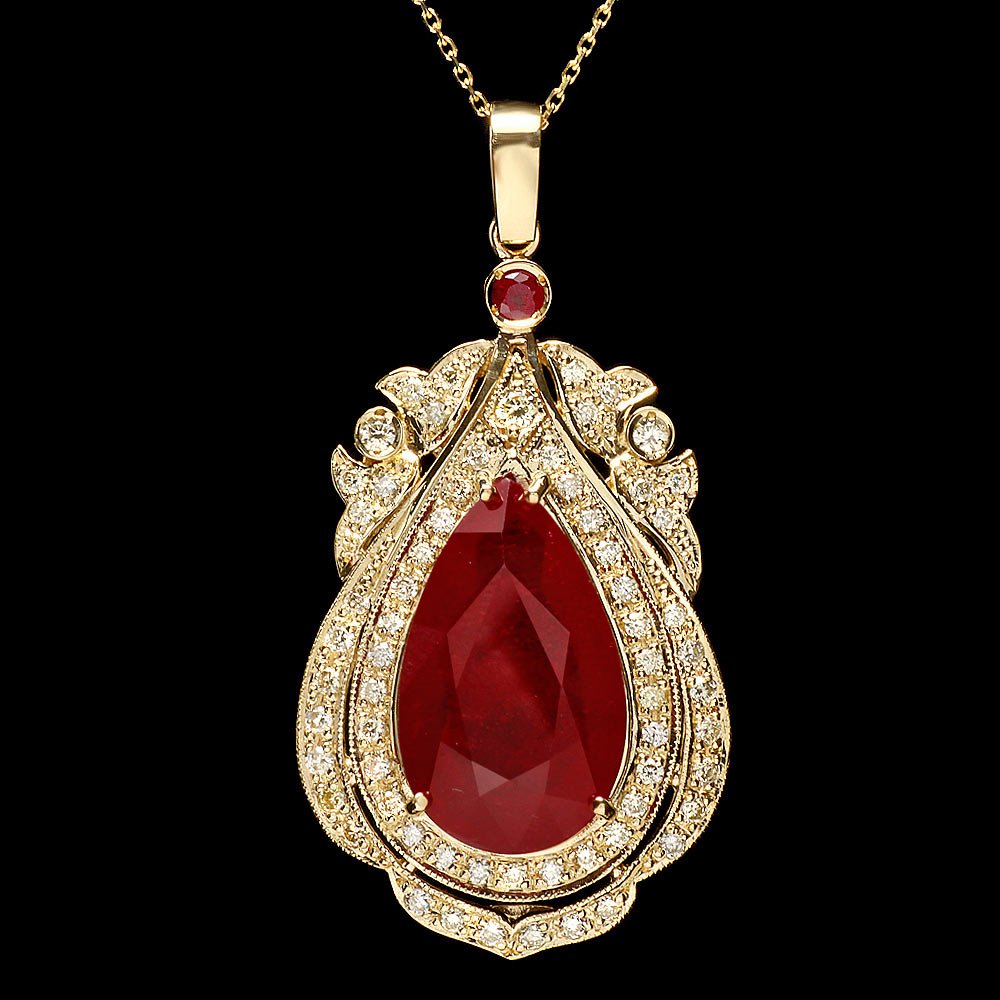 14k Gold 20.15ct Ruby 1.45ct Diamond Pendant: Retail: $17,640.00 ****** 14k Gold 20.15ct Ruby 1.45ct Diamond Pendant ****** Metal: 14k Solid Yellow Gold / Size: 16 / Total Item Weight: 14.5 grams / Country Made: USA / / Main Stone: Ruby / Color: