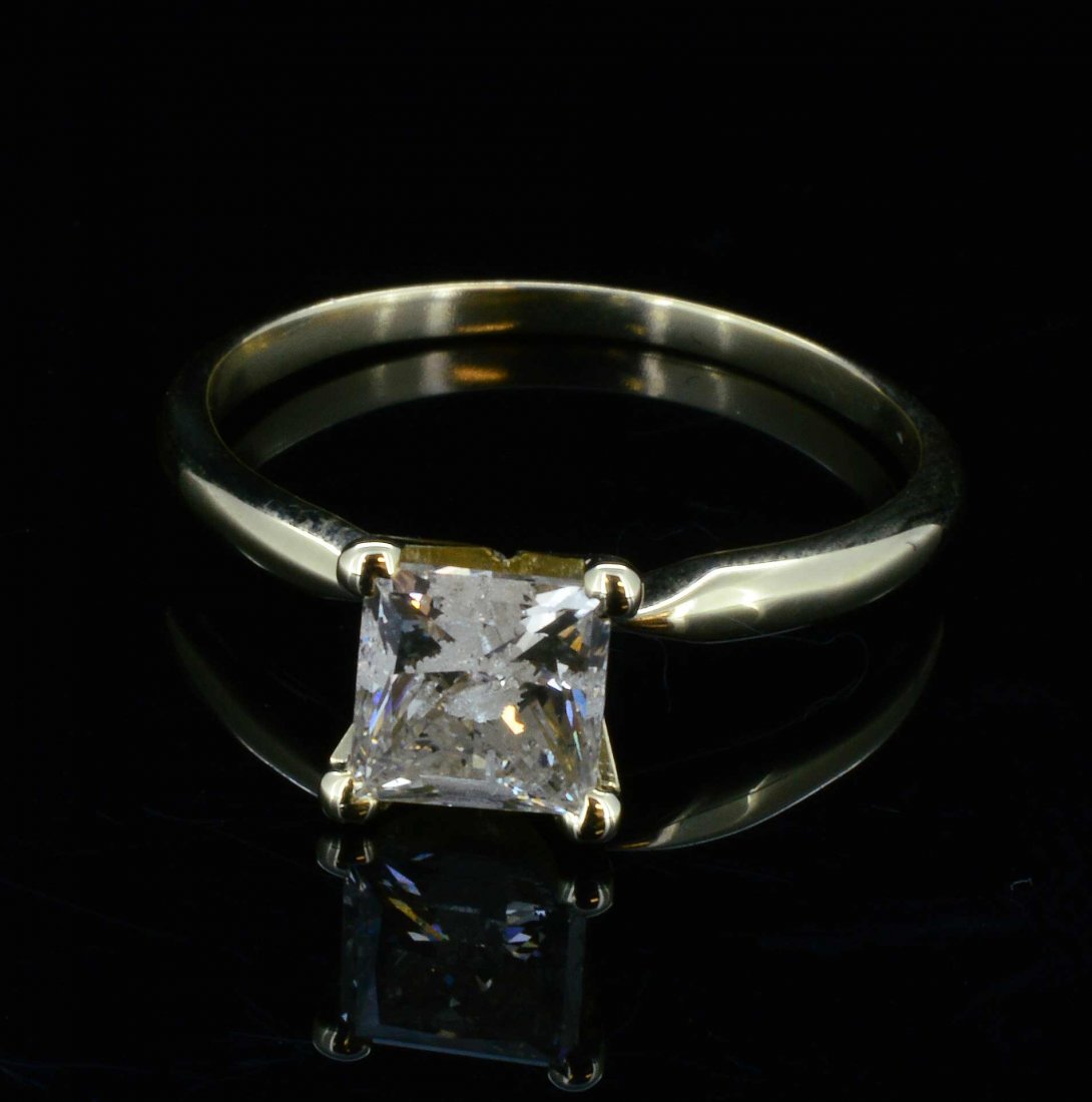14K Gold, 1CT Diamond Solitaire Ring: 14K Gold, 1CT Natural Square cut Faceted Diamond Solitaire, Clarity: I2-, Color: I weight of Ring: 2 Grams A3200N