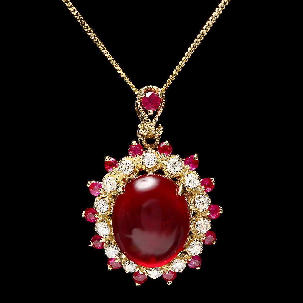 14k Yellow Gold 8.2ct Ruby 0.44ct Diamond Pendant: Retail: $6,700.00 ****** 14k Yellow Gold 8.2ct Ruby 0.44ct Diamond Pendant ****** Metal: 14k Solid Yellow Gold / Size: 16 / Total Item Weight: 5.5 grams / Country Made: USA / / Main Stone: Ruby / Colo