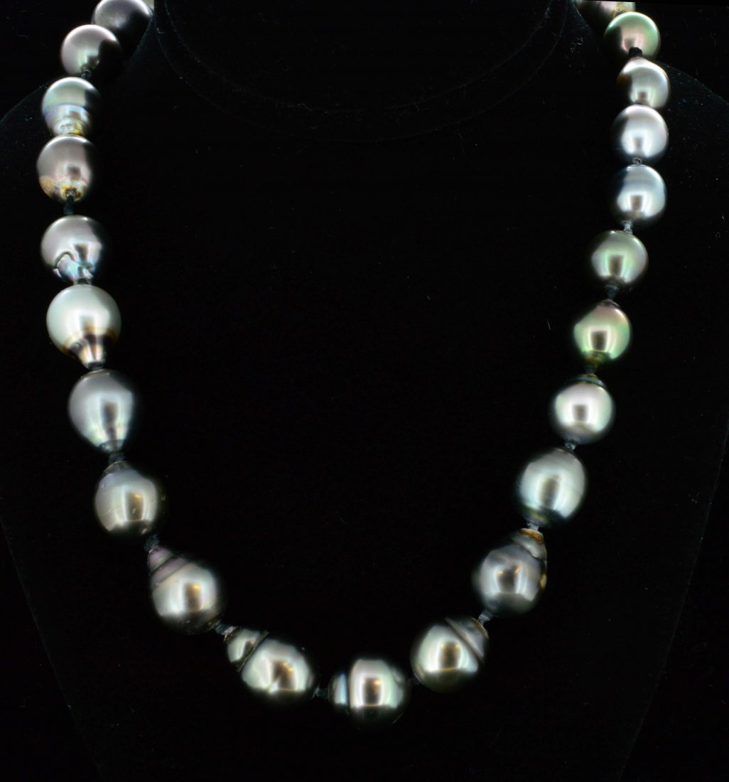 14K Gold, 10.28-8.04 mm Tahitian Pearl Necklace: 14K White Gold, 10.28-8.04 mm Tahitian Pearl Necklace. Body Color: Black/Grey/Silver. Overtone: Silver/Rose/Peacock A614