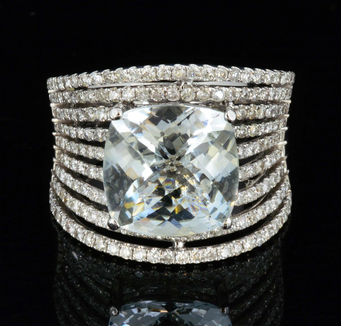 18K Gold, 5.72CT Aquamarine & 1.51 CT Diamond Ring: 18K White Gold, 5.72CT Natural Beryl Square Cushion Aquamarine & 1.51 CT, 192 round cut Diamonds. Clarity: SI2-I1, Color: G-I A7001
