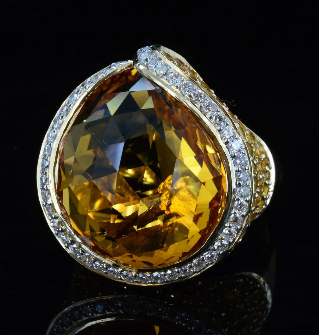 14K Gold, 19.84CT Citrine & 2.71CT Sapphire & Diamond: 14K Gold, 19.84CT Natural Pear cut Citrine & 2.71CT Natural Round Yellow Sapphire & 0.43CT Natural Diamond, Clarity: SI1- SI3Color: F- H TW: 11.2 GramsA4800N