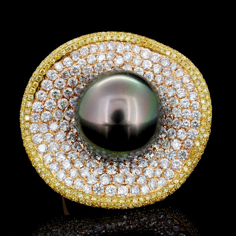 18K Gold 16.5mm Tahitian Pearl & 5.88ct Diamond Ring: Estimated Retail Replacement Value: $69,150.00 Ref: WAG27660 Gold Content: 18K Rose Gold Main Gemstone: Tahitian Pearl Quantity: 1 Counts Shape: Round Size: 16.5mm Color: Silver Black / Peacock Overto