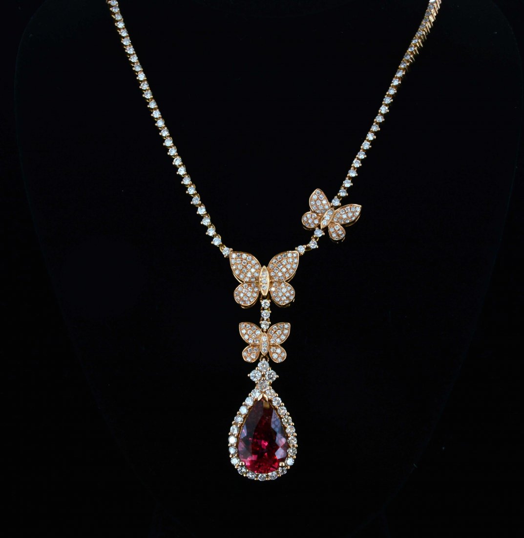18K Gold, 4.91CT Tourmaline & 2.97CT Diamond Necklace: 18K Gold, 4.91CT Natural Pear shaped Tourmaline & 2.97CT Natural Round Brilliant cut Diamond, Clarity: SI1- I1,Color: F- H Weight of Item: 16.5 Grams A10640N