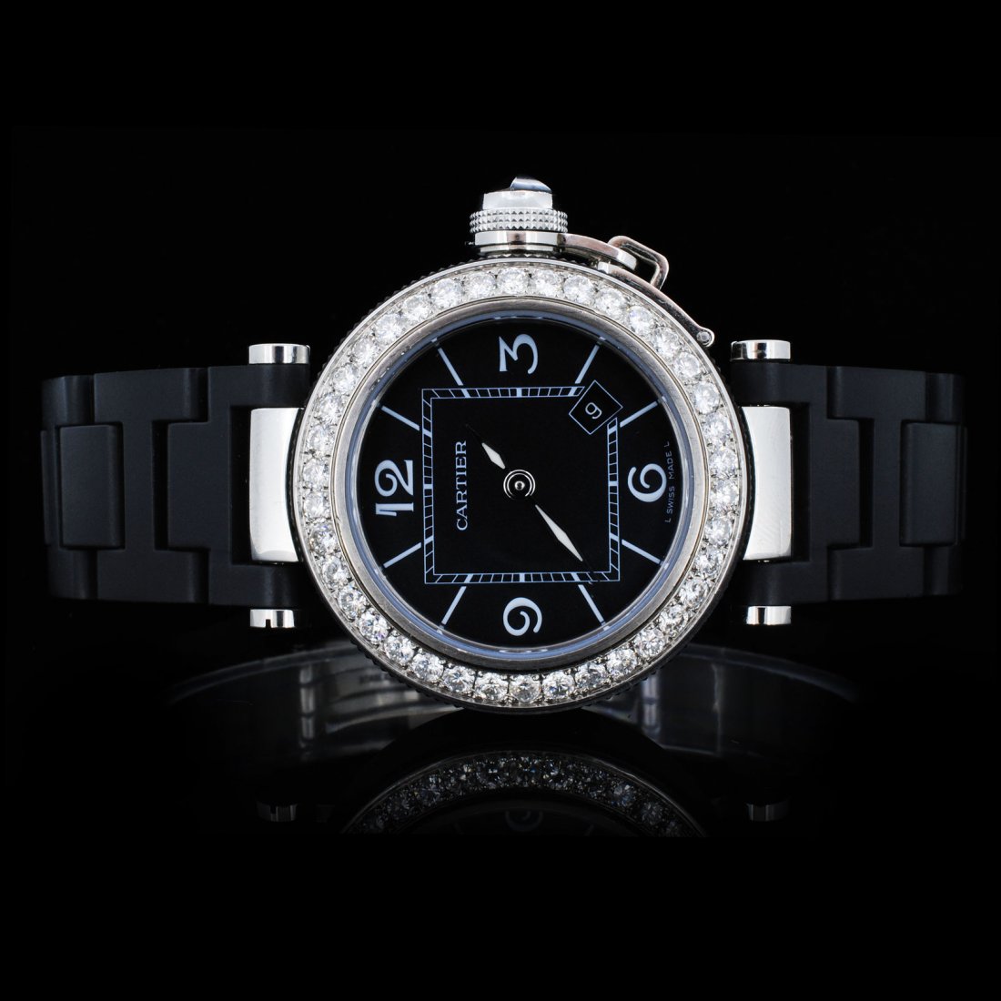 Cartier SS Pasha Ladies Diamond Watch: Estimated Retail Replacement Value: $24,500.00Ref: WAG19600Specification:Documents: Gemologist ReportModel no: 4886Weight: 107.1 gramsModel: Pasha Cartier Date WatchMovement: Mechanical MovementCase M