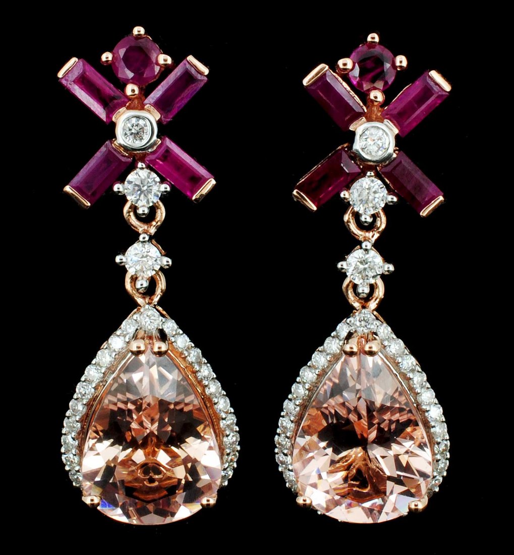 14K Rose Gold 6.66ct Morganite & 0.67ct Diamond: Estimated Retail: $9,060.00 Ref: WAG3624 Gold Content: 14K Rose Gold Weight of Item: 6.7 grams Main Gemstone: Morganite Shape: Pear Weight: 6.66 ct Color: Orangy Pink Adjacent Gemstone: Ru