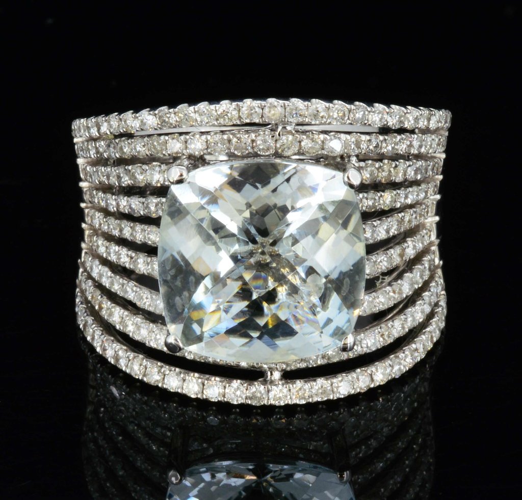 18K Gold, 5.72CT Aquamarine & 1.51 CT Diamond Ring: 18K White Gold, 5.72CT Natural Beryl Square Cushion Aquamarine & 1.51 CT, 192 round cut Diamonds. Clarity: SI2-I1, Color: G-I A7001