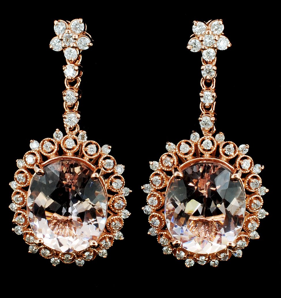 14K Rose Gold 6.71ct Morganite & 0.54ct Diamond Ea: Estimated Retail: $8,280.00 Ref: WAG3312 Gold Content: 14K Rose Gold Weight of Item: 6.2 grams Main Gemstone: Morganite Shape: Oval Weight: 6.71 ct Color: Orangy Pink Adjacent Gemstone: Na
