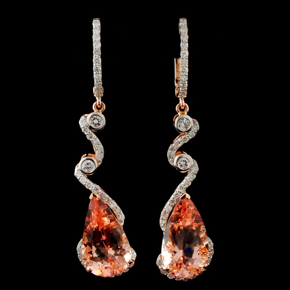 14K Gold 14.40ct Morganite & 1.75ctw Diamond Earri: Estimated Retail Replacement Value: $22,200.00 Ref: WAG8880 Item no.: FA2053273017-E3817AMG1 Gold Content: 14K Rose Gold Weight of Item: 8.07 grams Main Gemstone: Natural Morganite Shape: Pear cut Qua