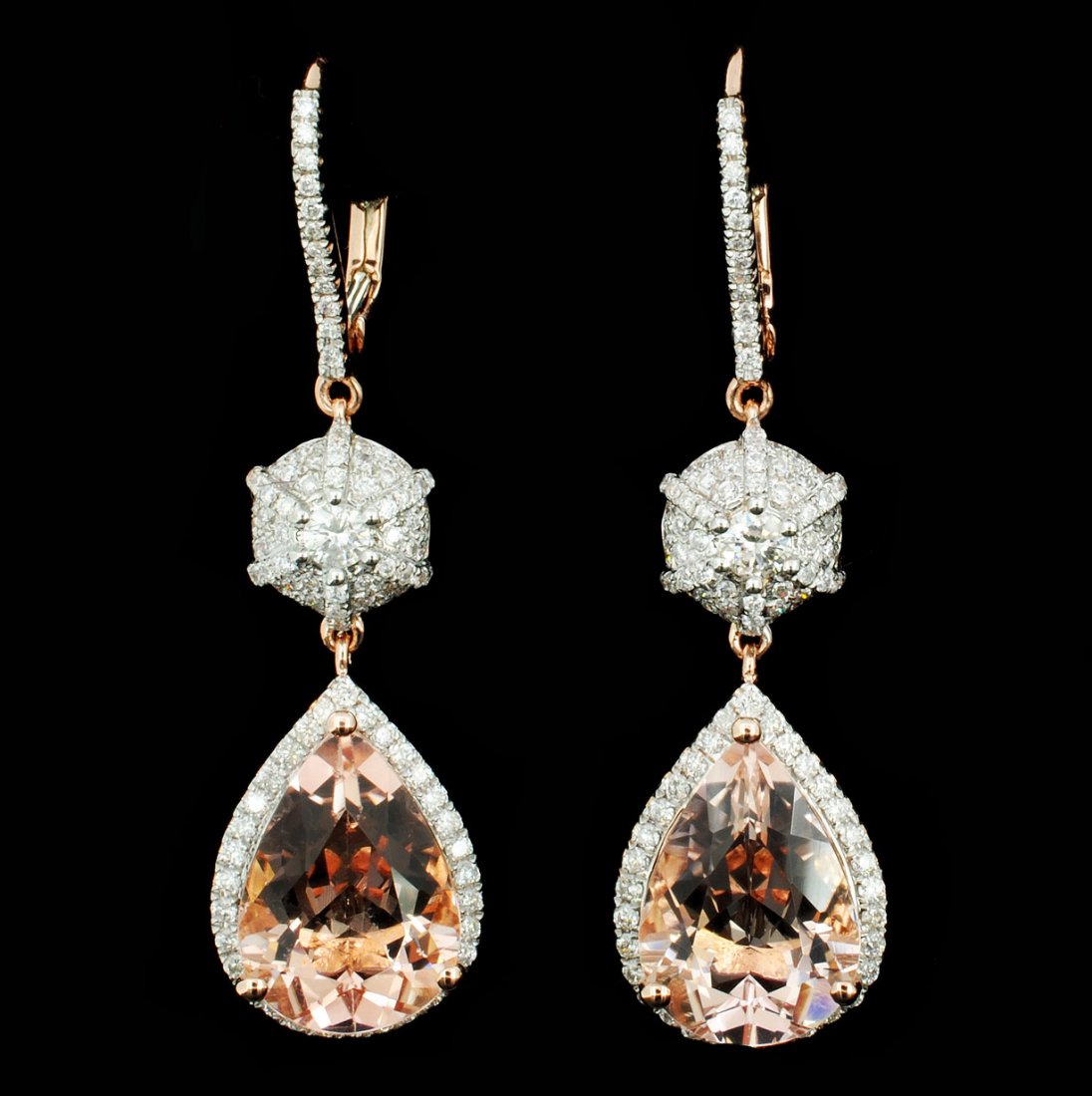 14K Gold 7.51ct Morganite & 0.94ct Diamond Earring: Estimated Retail Replacement Value: $7,400.00 Ref: WAG5920 Gold Content: 14K Rose Gold Weight of Item: 5.95 grams Main Gemstone: Natural Morganite Enhancement: None Shape: Pear Quantity: 1 counts