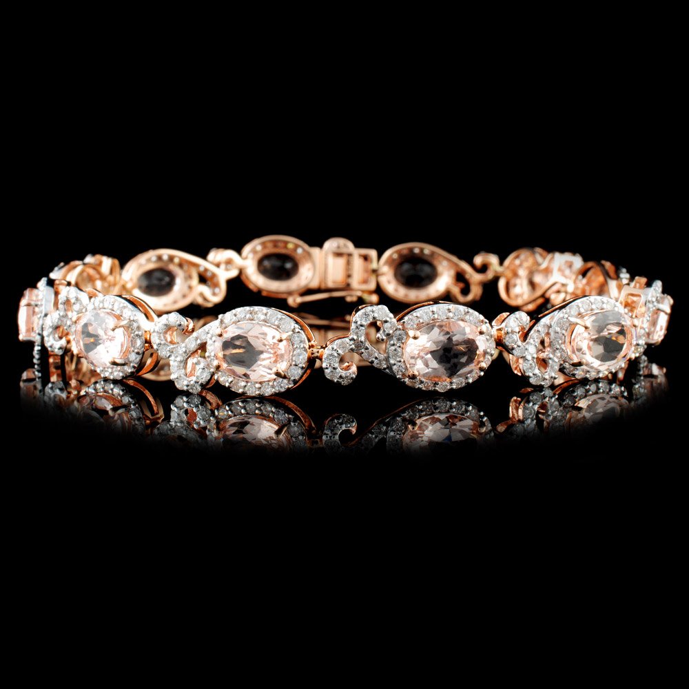 14K Gold 8.33ctw Morganite & 2.10ctw Diamond Brace: Estimated Retail Replacement Value: $15,600.00 Ref: WAG6240 Item no.: FA2054658025-MB2746AMG Specification: Gold Content: 14K Rose Gold Weight of Item: 12.1 grams Country Made: U.S.A. Size: 7 inches M