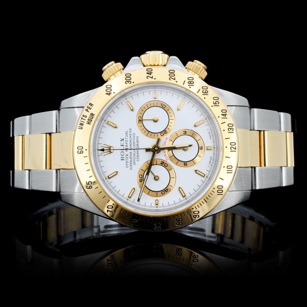 Rolex Daytona Zenith Two Tone Gent's Wristwatch: Estimated Retail Replacement Value: $29,000.00Ref: WAG31250Specification:Weight: 133.2 gramsDocuments: Report AvailableModel: Daytona Rolex Watch Movement: Perpetual, Self-winding, 31- Jewel Mechanica