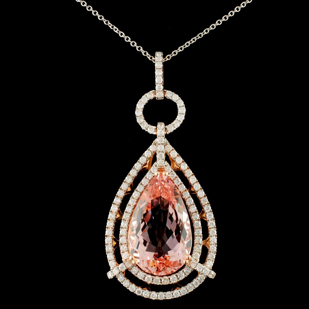 14K Gold 8.50ct Morganite & 1.32ctw Diamond Pendan: Estimated Retail Replacement Value: $16,020.00 Ref: WAG6408 Item no.: FA2055432015 - PD4290AMG7 Specification: Gold Content: Solid 14K Rose Gold Weight of Item: 7.00 grams Country Made: U.S.A Main Gem