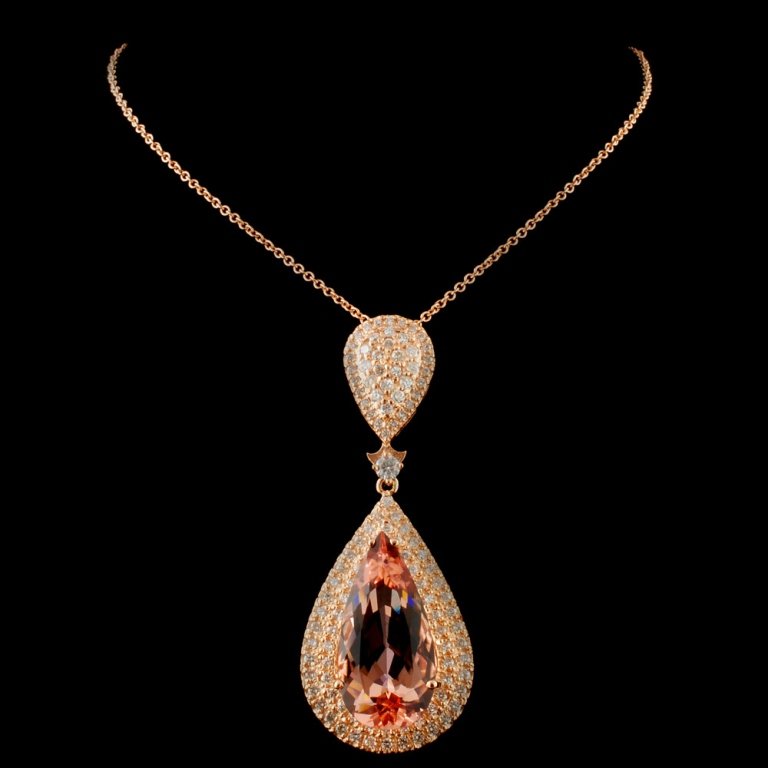 18K Rose Gold 10.84ct Morganite & 0.92ct Diamond P: Estimated Retail Replacement Value: $23,400.00 Ref: WAG9360 Item no.: FA2053289014-PD4216AMG1 Gold Content: 18K Rose Gold Weight of Item: 9.00 grams Main Gemstone: Natural Morganite Sh