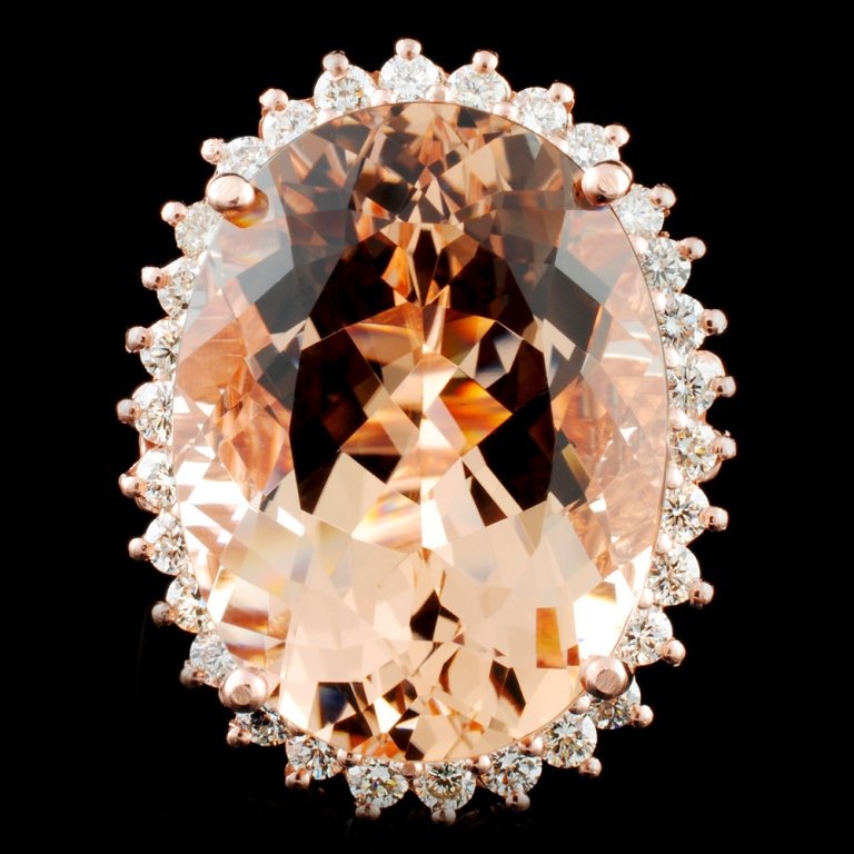 14K Gold 17.86ct Morganite & 0.94ctw Diamond Ring: Estimated Retail Replacement Value: $19,269.00 Ref: WAG11011 Item no.: LAI2089007-R48 Specification: Gold Content: Solid 14K Rose Gold Weight of Item: 10.60 grams Country Made: U.S.A. Ring size: 7 Mai