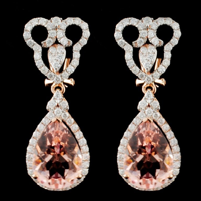 14K Gold 7.25ct Morganite & 1.30ct Diamond Earring: Estimated Retail Replacement Value: $10,980.00 Ref: WAG4392 Item no.: FA2055164016 - E3888AMG4 Specification: Gold Content: 14K Rose Gold Weight of Item: 6.45 grams Country Made: U.S.A. Main Gemstone: