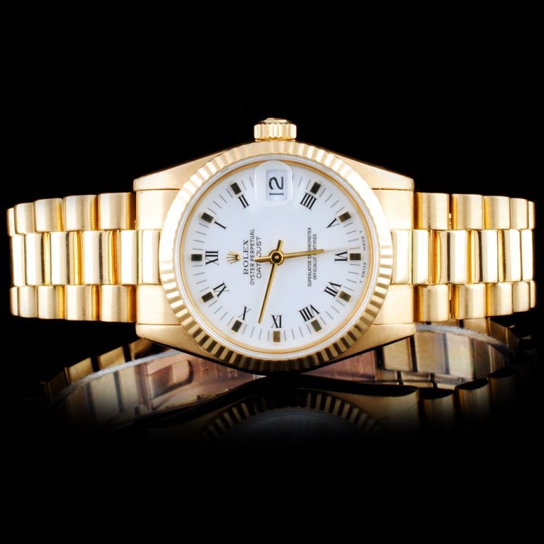 Rolex 18K YG Mid-Size DateJust Women Watch: Estimated Retail Replacement Value: $34,200.00Ref: WAG36000Item No.: FA2054858001 - Rolex032Specification:Documents: Appraisal ReportModel: DateJust Mid-Size Oyster PerpetualWeight: 96.9 gramsMovement
