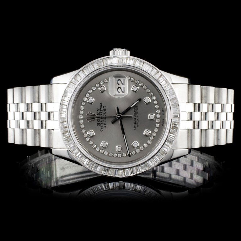 Rolex SS DateJust Diamond Men's Watch: Estimated Retail Replacement Value: $24,750.00Ref: WAG22000Item No.: ARXI013Specification:Documents: Appraisal ReportModel: DateJust Oyster PerpetualWeight: 99.20 gramsMovement: Perpetual, Self Windin
