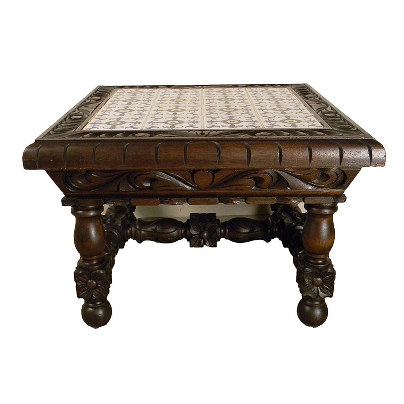 Ceramic Top Walnut Table: Hand Carved Ceramic Top Walnut Coffee Table. Circa: 1940. Material: Ceramic and wood. Measurements: 17x24X24.
