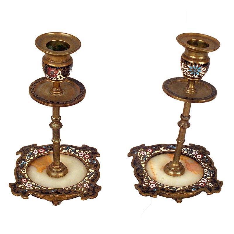 Elegant Antique Candleholders: Elegant 1900's French champleve enamel candle holder with onyx base. The antique 3-tiered bronze piece has beautiful floral etching on the sides. Circa: 1900. Material: Bronze, Enamel, Onyx. Measureme