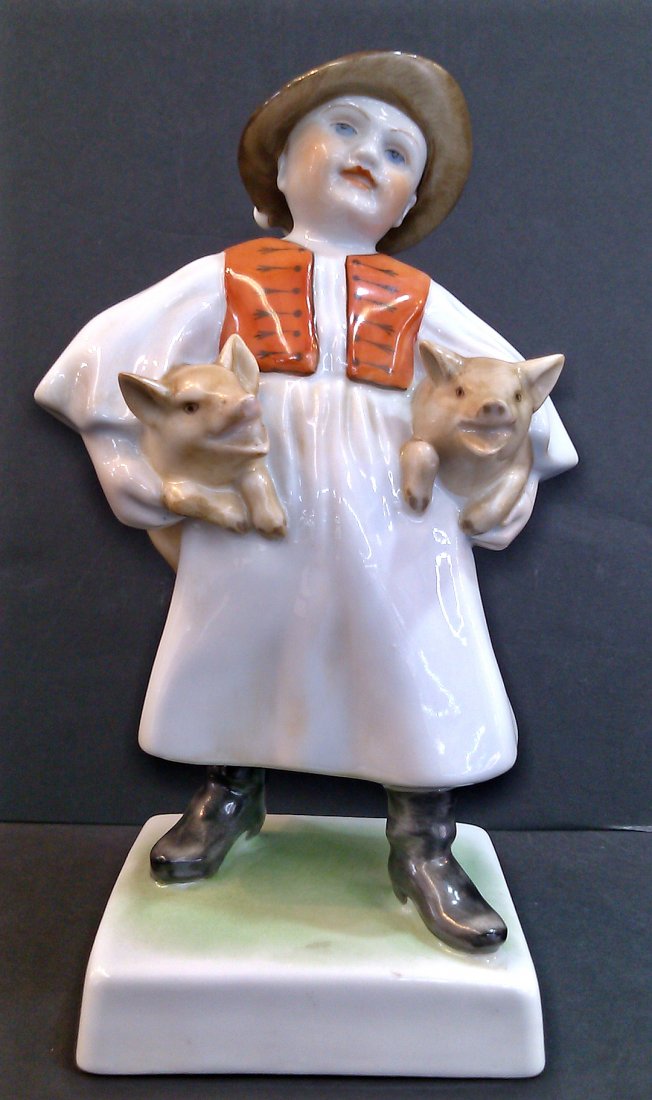 Antique Porcelain HEREND Figurine Boy and Pigs