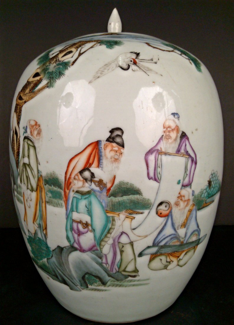 A FAMILLE ROSE PORCELAIN MELON JAR WITH TOP: A porcelain famille rose melon jar with lid, depicting old scholars with yin yang scroll painting and flying crane in outdoors; calligraphy poem on reverse side. 12"H x 8"D