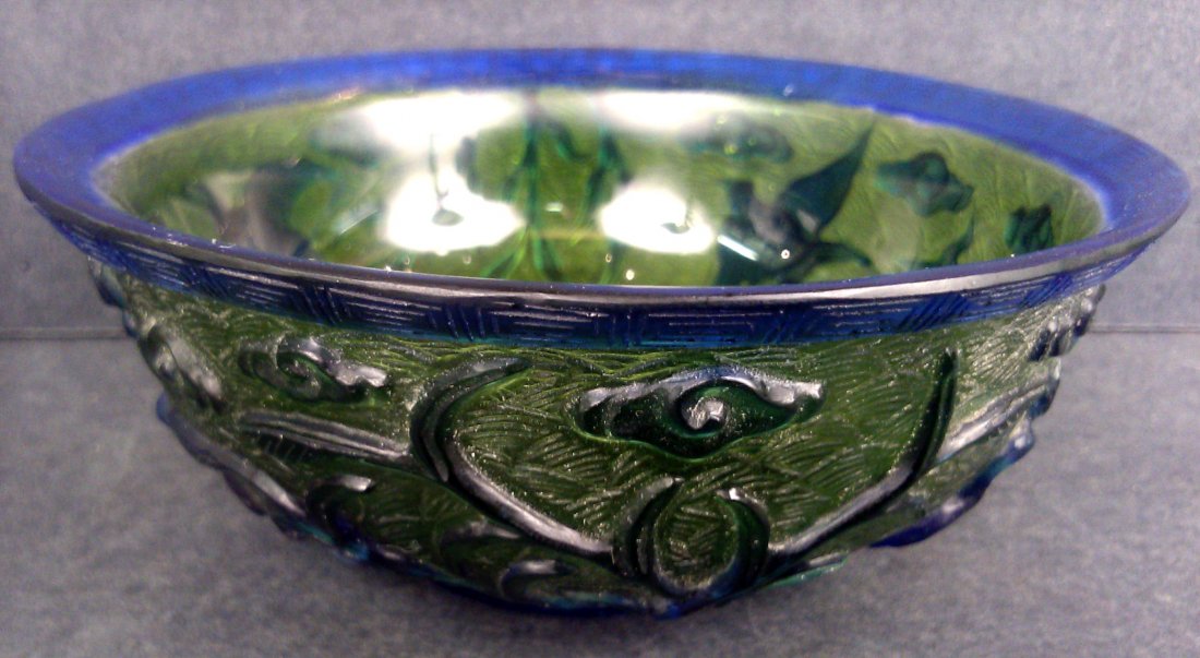 A GREEN AND BLUE PEKING GLASS BOWL