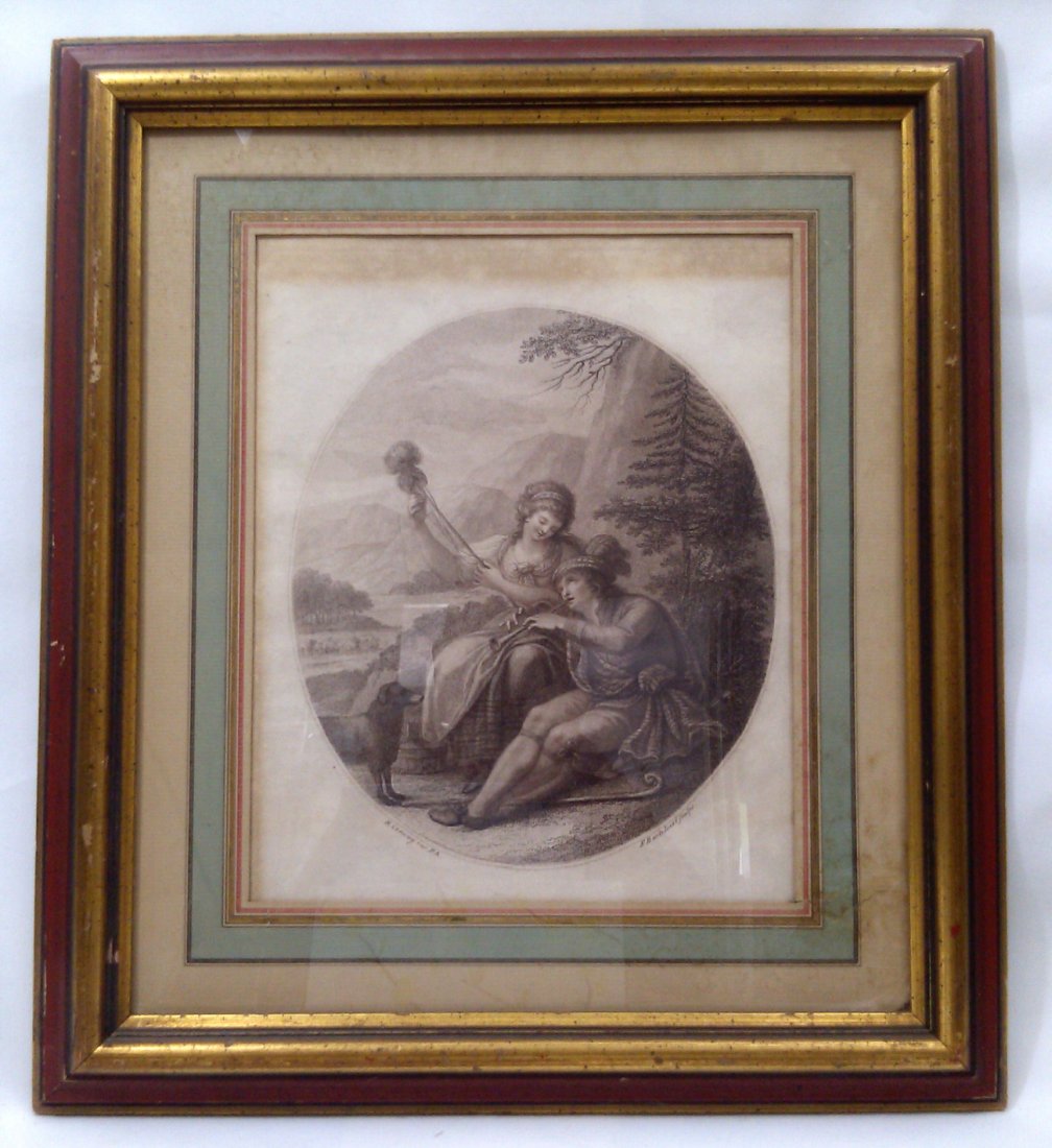 ENGRAVING ON PAPER-SIGNED.: Engraving on paper depicting a young couple with a dog; romancing on the hill side. Multiunit frames with glass cover. Signed:F. Bartolozzi (Francesco Bartolozzi 25 September 1725 - 7 March 1815) (id-