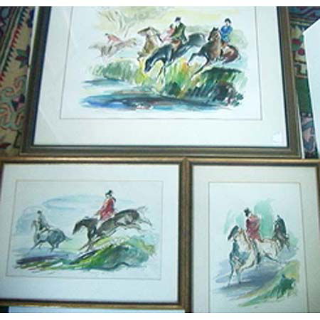 John Groth watercolors: Three watercolors Water Jump" (dated 1978) and The Chase (dated 1969), signed John Groth (Am., b. 1908), largest: 17" x 23" (sight), matted and framed