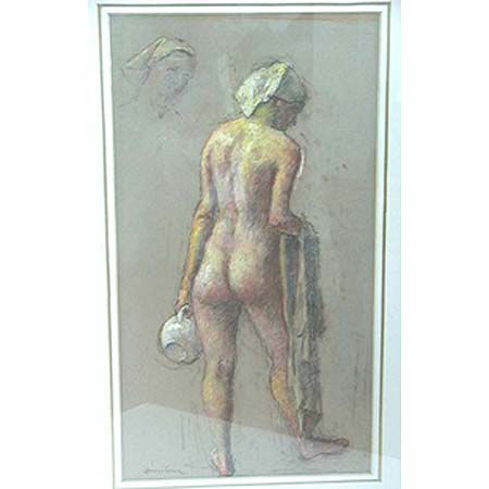 Brackman pastel on paper: A pastel on paper Standing nude with water jug, signed ll. Brackman (Robert Brackman, b. Odessa/Am., 1898- 1980), 23 3/4" x 12 3/4" (sight), matted and framed