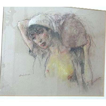 Brackman pastel on paper: A pastel on paper Peasant girl with water jug; signed lr. Brackman (Robert Brackman, b. Odessa/Am., 1989- 1980), 14" x 17" (sight), matted and framed, paper rippling