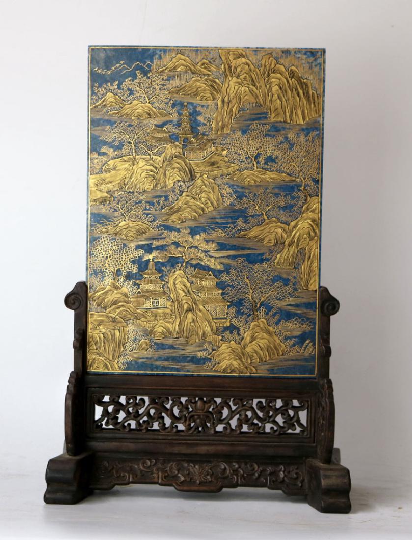 Chinese Gilt Lapis Plaque on Wood Stand (1 of 6)