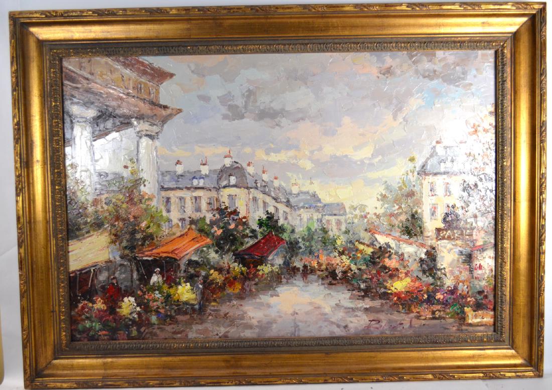 Oil Painting of Market in Paris: Oil painting of a flower market at the plaza in Paris. Signed " Robert T ", 31" x 43" with frame.
