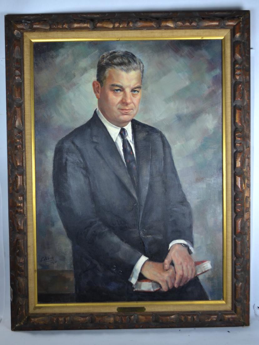 Oil Paintings of a Man Portrait: Oil painting of a man in black suit holding a book. Signed, 43 1/2" x 33" with frame.