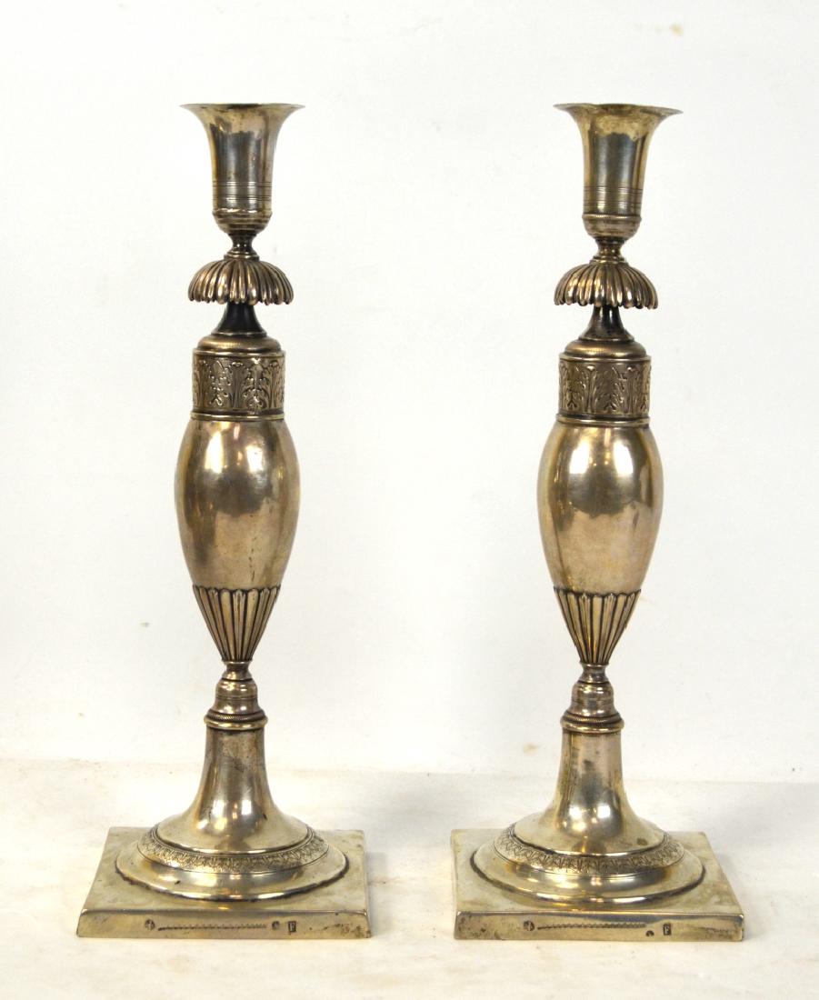 Pr. Silver Polish Antique Candle Stick Holders: Pair of antique silver candle stick holders with square base. 11 3/4" H, base 4" x 4" , marks on the base.