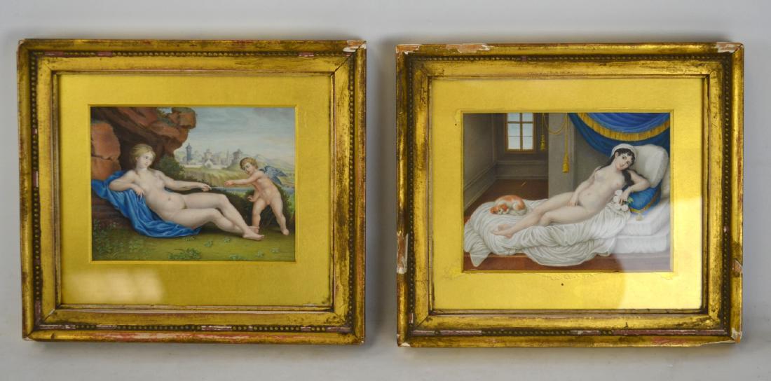 Two Signed Miniature: Two pieces of framed miniatures, one is with Venus and cupid, the other is with a nude lady in bed and a cat. Singed and dated, damage on frames. 7 3/4" x 9" with frame.