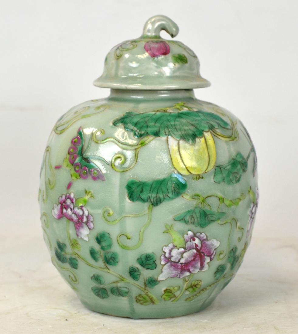 Chinese Celadon Covered Jar w Flowers (1 of 7)
