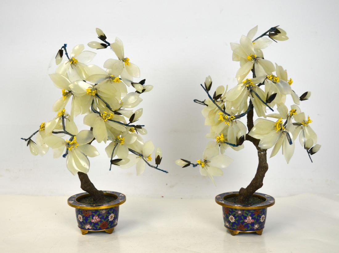 Pair Chinese Jade Stone Tree w Cloisonne Planters (1 of 6)